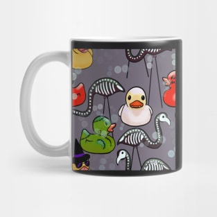 Spooky Halloween Rubber Ducks and Pink Flamingo Skeletons Gray Mug